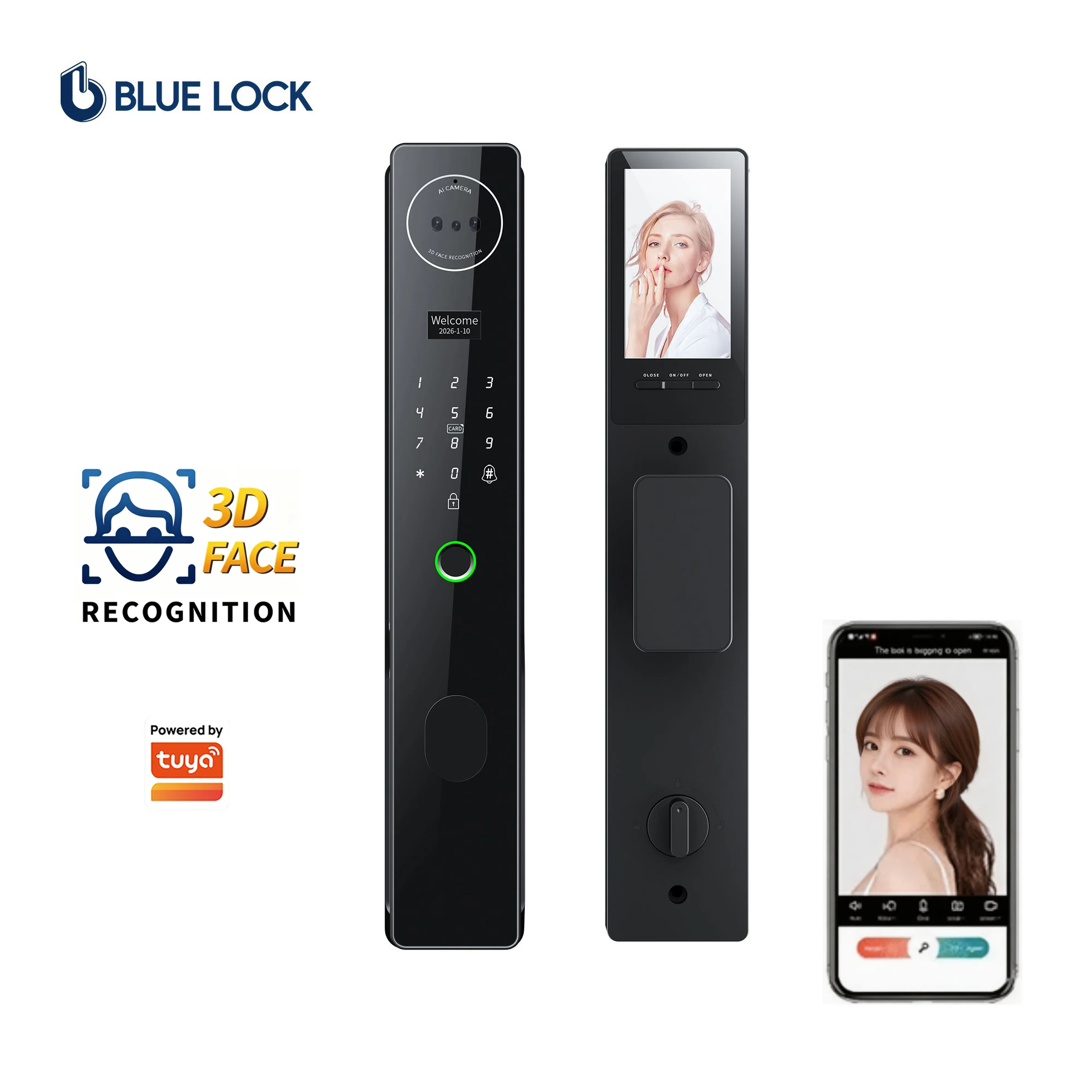 Bluelock Tuya Control Smart Door Lock 3D Face Fingerprint Recognition Video Intercom Camera New Aluminum Alloy Automatic Lock