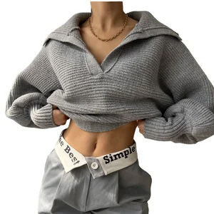 Women's V-Neck Knitted Sweater Solid Color Casual Pullover Custom Option Spandex/Polyester Anti-Pilling Quick Dry Breathable