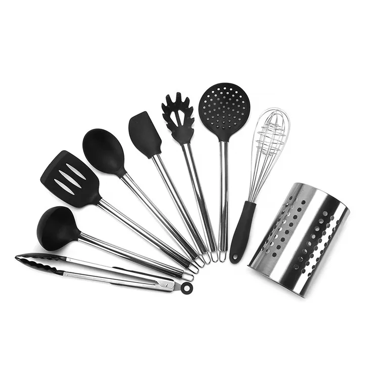 食品安全尼龙和硅胶厨房用具设置与不锈钢持有人的烹饪工具 Buy 厨房用具套装 烹饪工具 带支架的厨房用具product On Alibaba Com