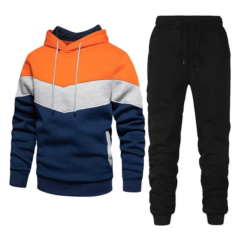 Mens 2 Piece Outfits Long Sleeve Pullover Hoodie Sweatshirt Patchwork Drawstring Tops Blouse Joggers Pants Set Loose Casual Workout Tracksuits Activewear 
