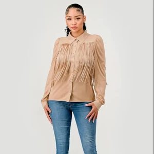 Women's Vintage Suede Beige Woven Shirt with Tassel and Button Decoration Long Sleeve Buckle for Winter/Spring Casual Wear