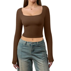 Hot Selling Long Sleeved Square Neckline Exposed Navel Women's Seamless Yoga Top