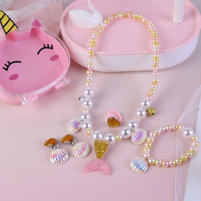 Girl Pearl Necklace Jewelry Unicorn Ring Children's Jewelry Box Set