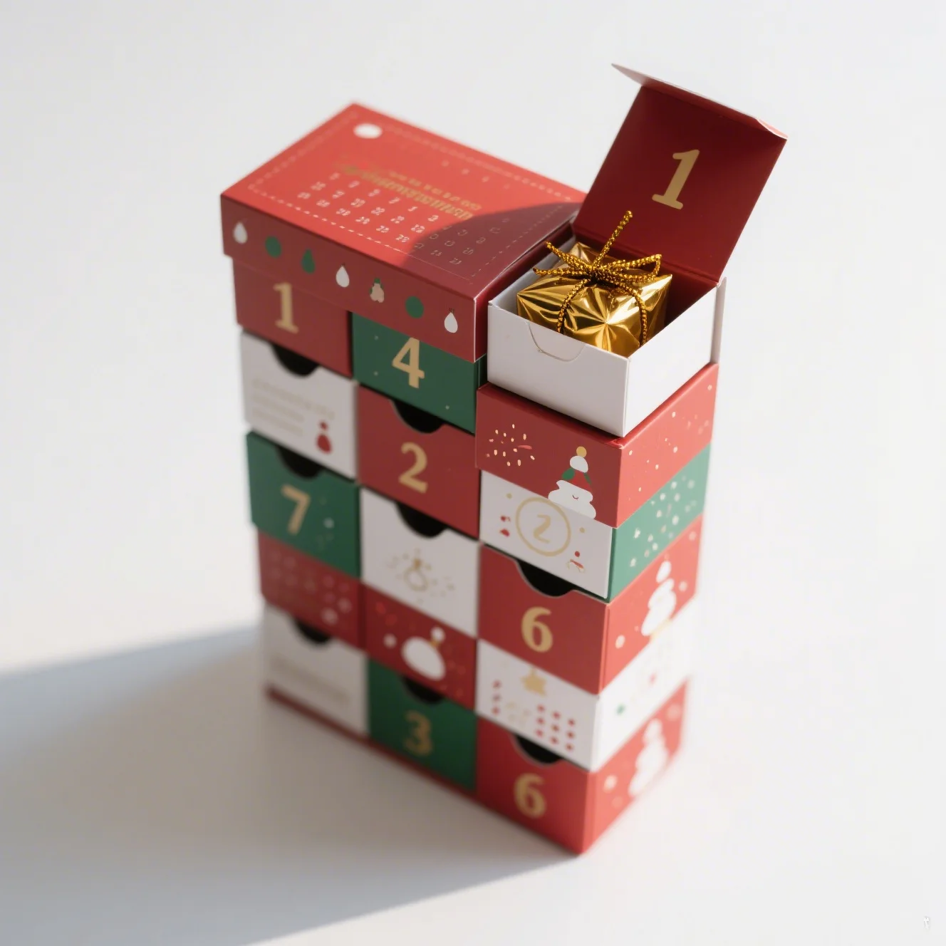 Open advent calendar displaying individual gift compartments