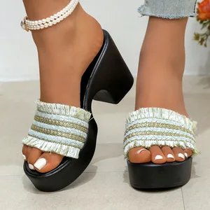 QuiteS 2026 New Style Summer One-Strap Thick High Heel Beach Sandals Plus Size Casual Sea Style Tassel Shoes for Women