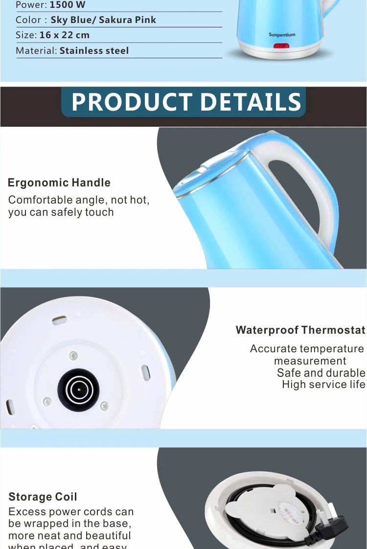 Large Capacity 2l Stainless Steel Electric Kettle Parts Double Wall