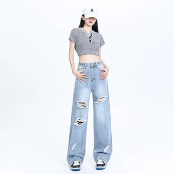 High Quality American Retro Ripped Hot Drilling High Waist Thin Wide Leg Straight Women's Jeans, Ripped Wide Leg Pants