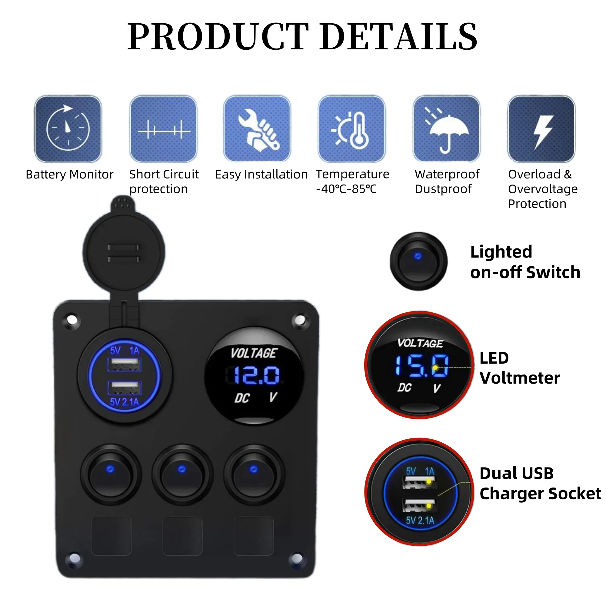 Switch Panel 12v 4 In 1 Charger Socket Panel,12V 3.1A Dual USB - Foto 7