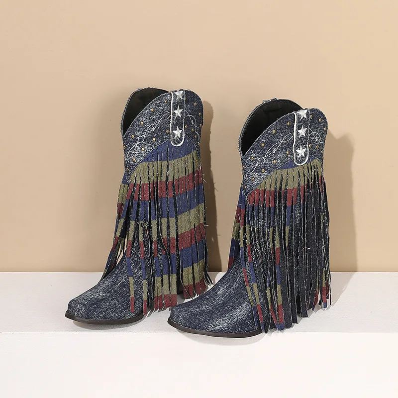 Size 43 Cowgirl Boots Pointed Toe Vintage Tassels Rivet Slip-on Mid Calf Women Embroidery Western Cowboy Boots - Image 6