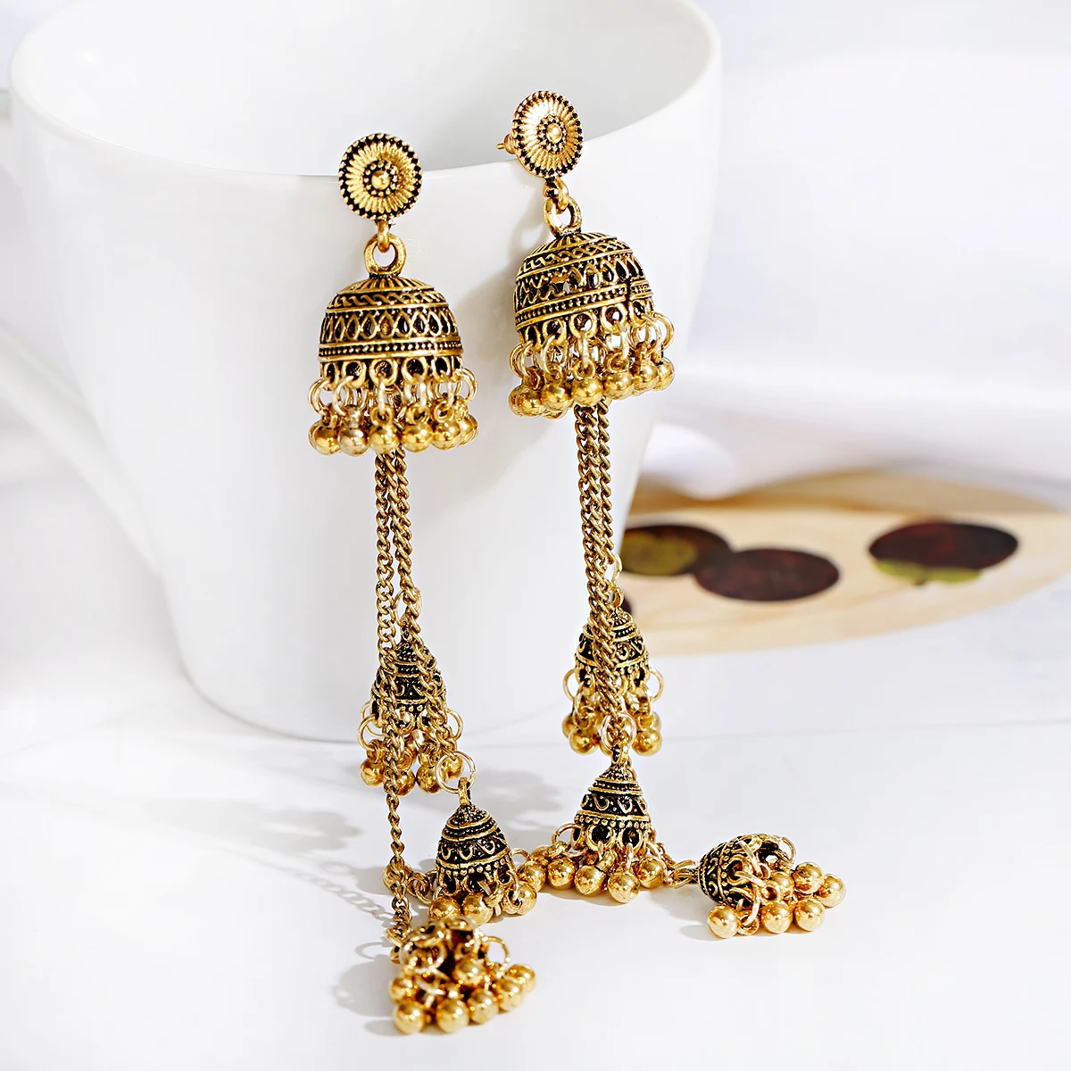 Ethnic Jhumka Drop Earrings For Women - Gold Afghan Boho Tassel Earrings With Bells & Pearls - View #5