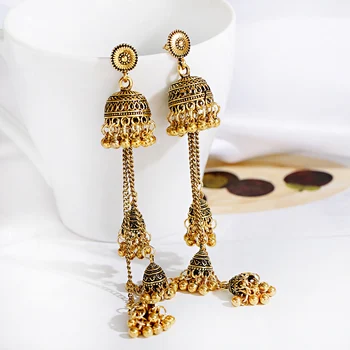 Ethnic Gold Silver Afghan Long Tassel Bead Drop Earrinngs Bollywood Jewellery Bell Jhumka Indian Earrings Wedding Jewelry