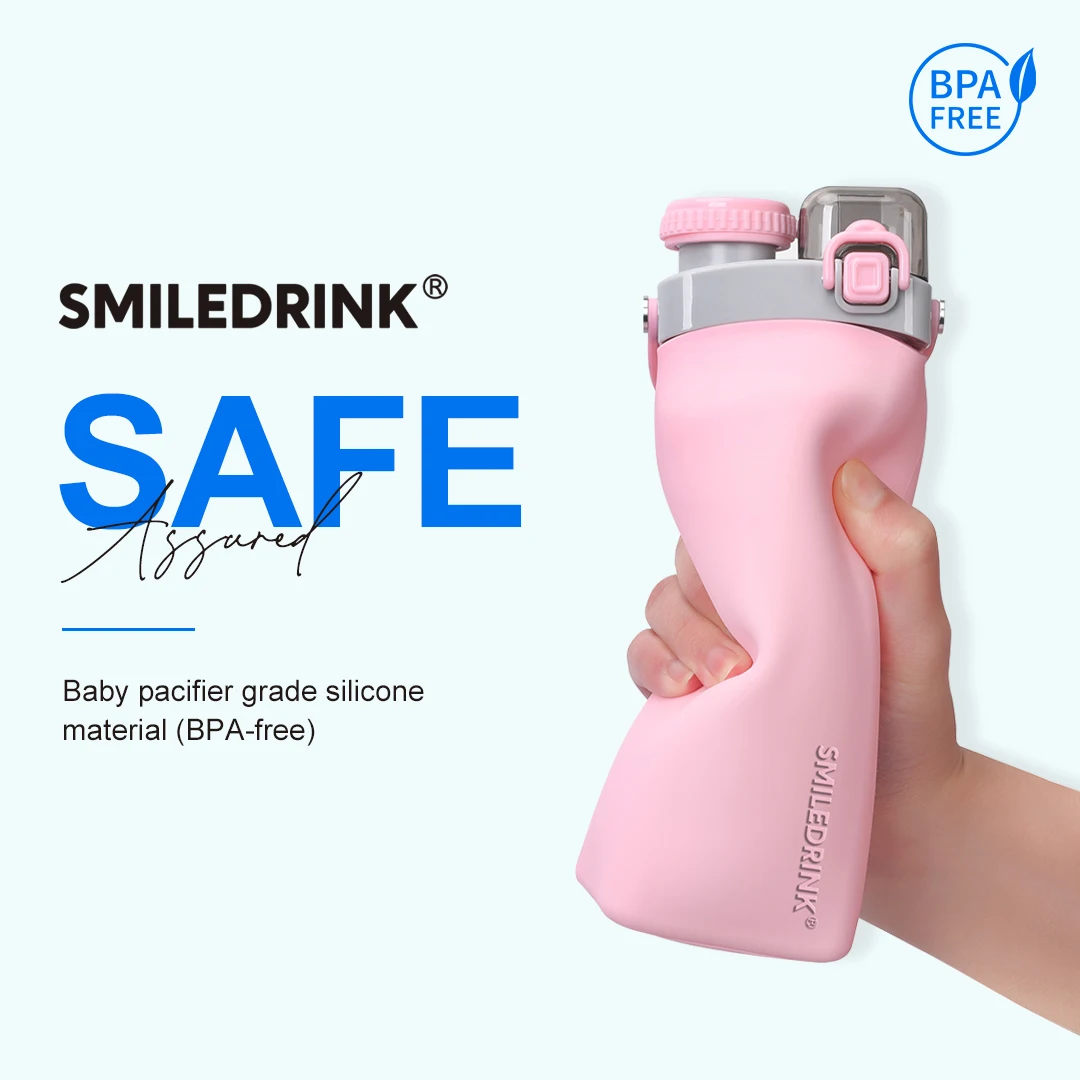 Smiledrink Leakproof Eco Friendly Approved Refillable Food Grade Reusable Tableware Silicone Drink Water Bottle for Children