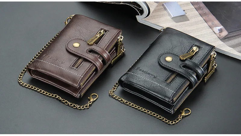 Baellerry 2021 New Wholesale Short Style Double Zipper Wallets With Chain for Men,Male Coin Purse Card Wallets Case Wholesale
