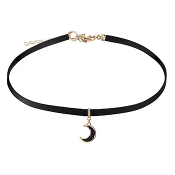 High Quality Pearl Pendant Necklace Adjustable Black Leather Moon Star Choker Necklace