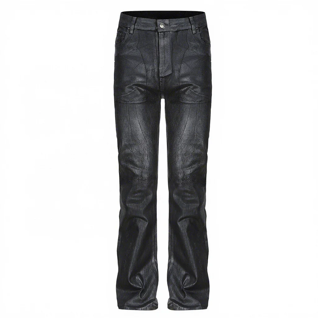 Vintage Wax Coated Denim Flare Jeans - Custom Distressed Men's
