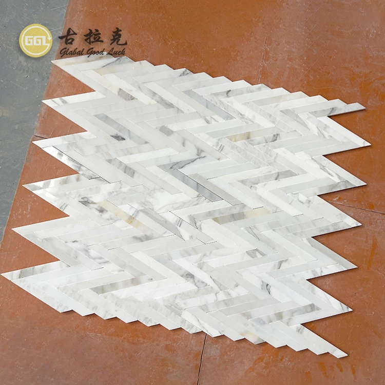 Modern Herringbone Design Mosaic Tile Calacatta Gold Marble Mosaic for Home Decor