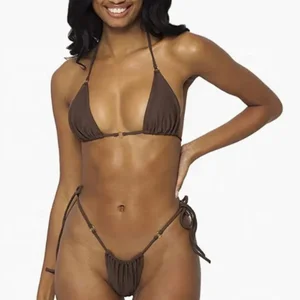 Custom Women Two Piece High Waist Backless Solid Bikini with Belt Set Front Logo Stretch Quick Dry Luxury Bathing Suit