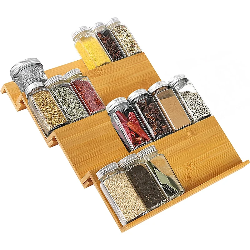Bamboo Herb&Spice Drawer Organizer 4-Tiered Seasoning Jar Organizer Tray for Kitchen Storage, Countertop, Cabinet, Shelf
