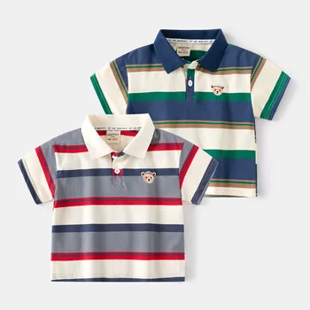 Wide shoulder short sleeve T-shirt 2024 New summer boys' striped polo Baby's embroidered short-sleeved shirt