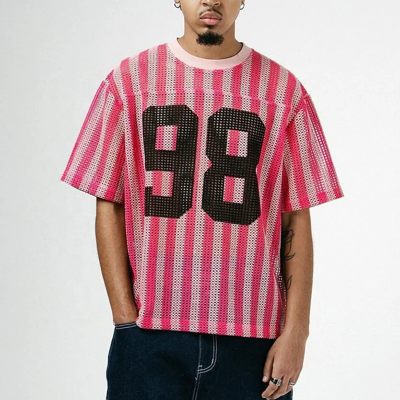 Salati Custom Vintage Stand Collar Quick Dry Oversized Stripe Mesh Soccer Football T-shirts Men's Shirts gallery 8