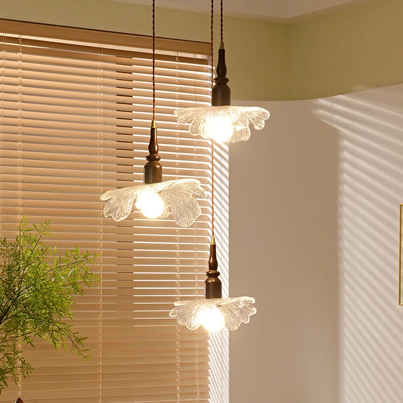 3 Bulbs Brass Glass Pendant Lamp Walnut Pastoral Fresh Warm Light Home Living Room Bedroom Atmosphere Chandelier