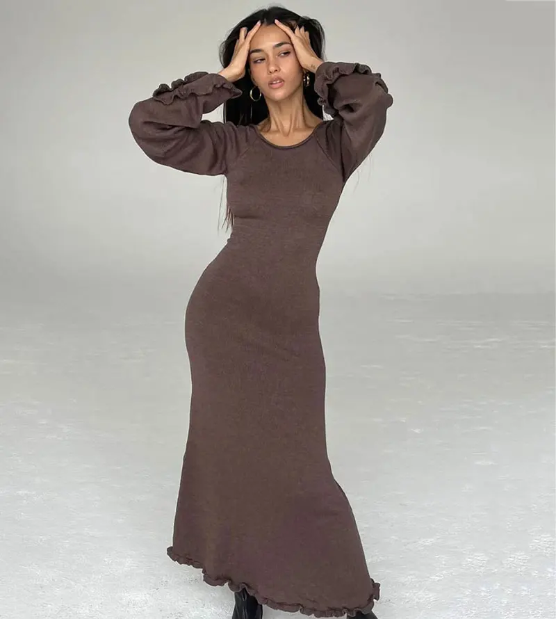 Knitted Cotton Flare Sleeve Sexy Maxi Dresses Elegant Backless 2023 Autumn  Women Casual Party Long Dress