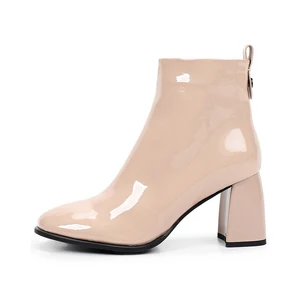 Factory Direct Women Nude Patent Leather Ankle Boots Chunky Heel Zip Custom Logo Office Casual Wholesale