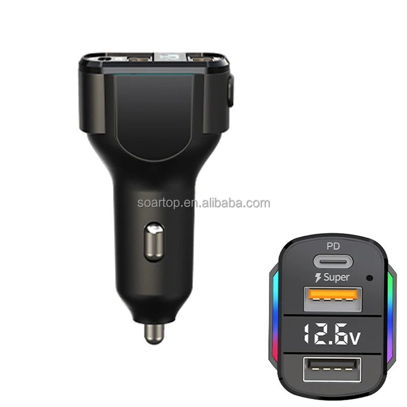 3 in 1 Car Charger Spring Charging Cable RGB Indicator Voltage Display with 3 USB Ports 65W Rated Power