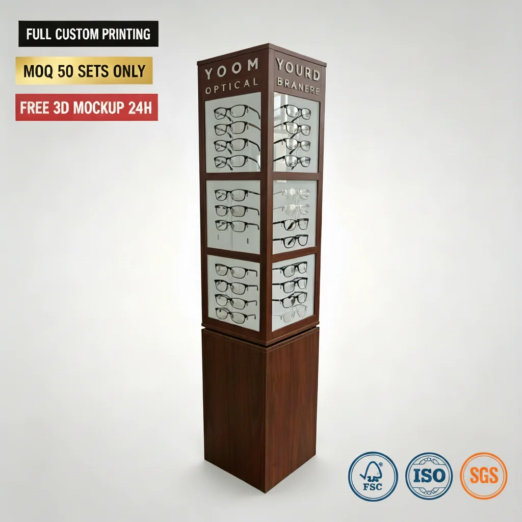 Custom Wooden 4-sides Rotating Sunglasses Display Stand Holders Spectacle Eyeglass Accessory Stand for Retail Store