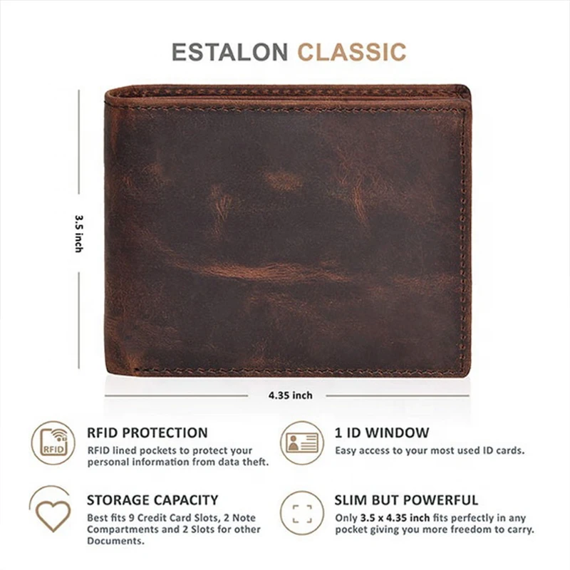COSSNI Custom Men's Genuine Crazy Horse Leather Wallet Vintage Short RFID Wallets Open Closure Type Wholesale Gift Option