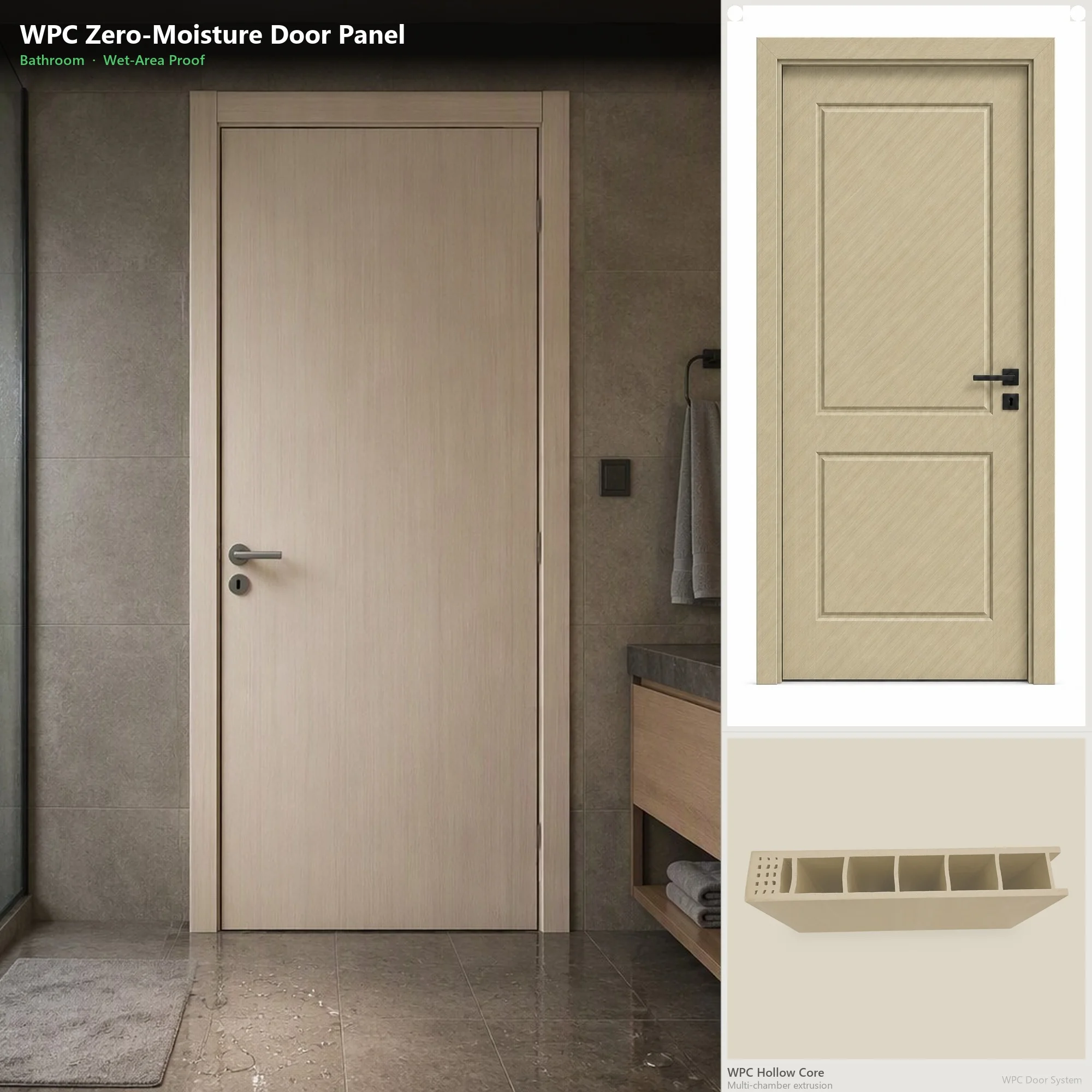 WPC Hollow Door Panel Factory Wholesale Interior Door Leaf and Frame Set Waterproof Self-Extinguishing Custom Size Color