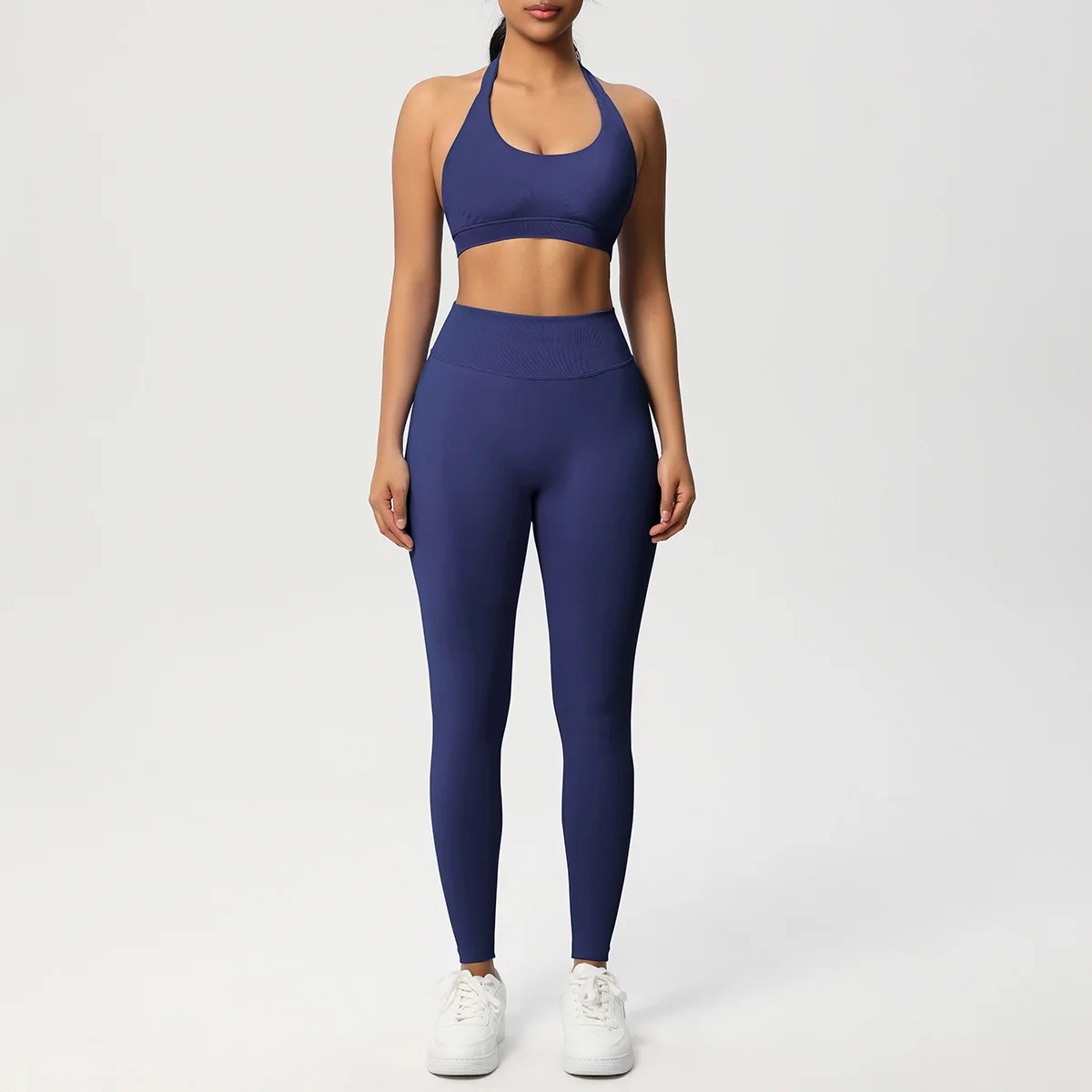 Seamless Knitted Yoga Suit Halter Neck High Waist Quick Dry Sports Bra Set Tight-Fitting preview