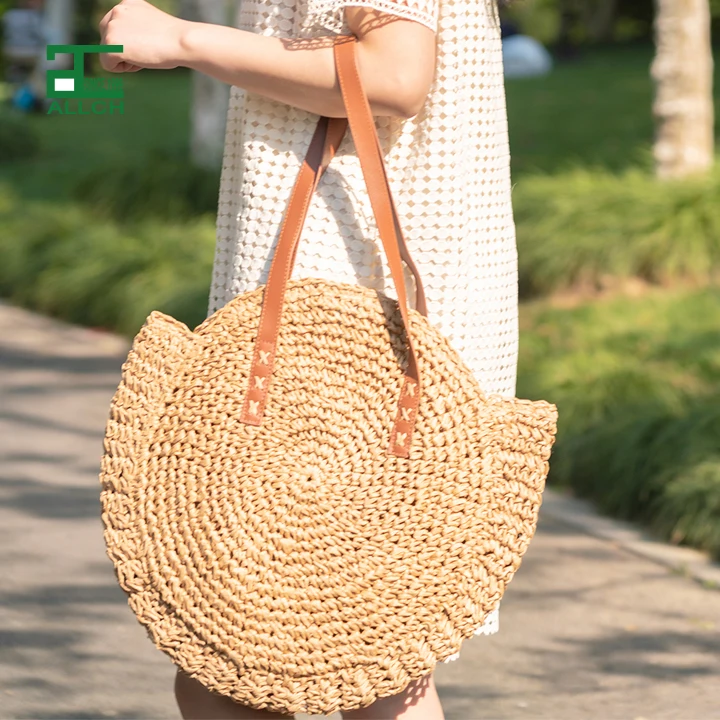 Large Straw Beach Bags Crochet Weave Cotton Lined Pocket Natural Summer Women Hand Make Tote Bag