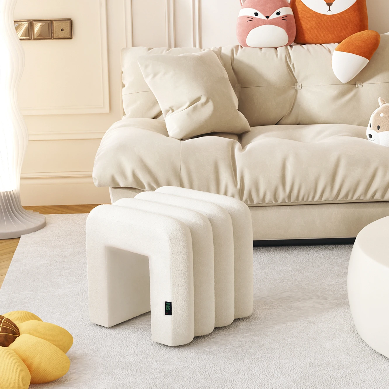 Modern Square Stool Fabric Boucle Decorative Ottoman Simple Rectangle Teddy Tool for Bedroom