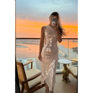 New Stock Arrival Women's Off-Shoulder Slim Fit Irregular Pleats Slim Fit Casual Maxi Dress