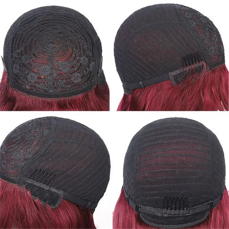 Pelucas de cabello humano brasileño liso corto de color 99J con flequillo, estilo bob, Remy, completamente hechas a máquina para mujeres, resaltado burdeos_voghion.com