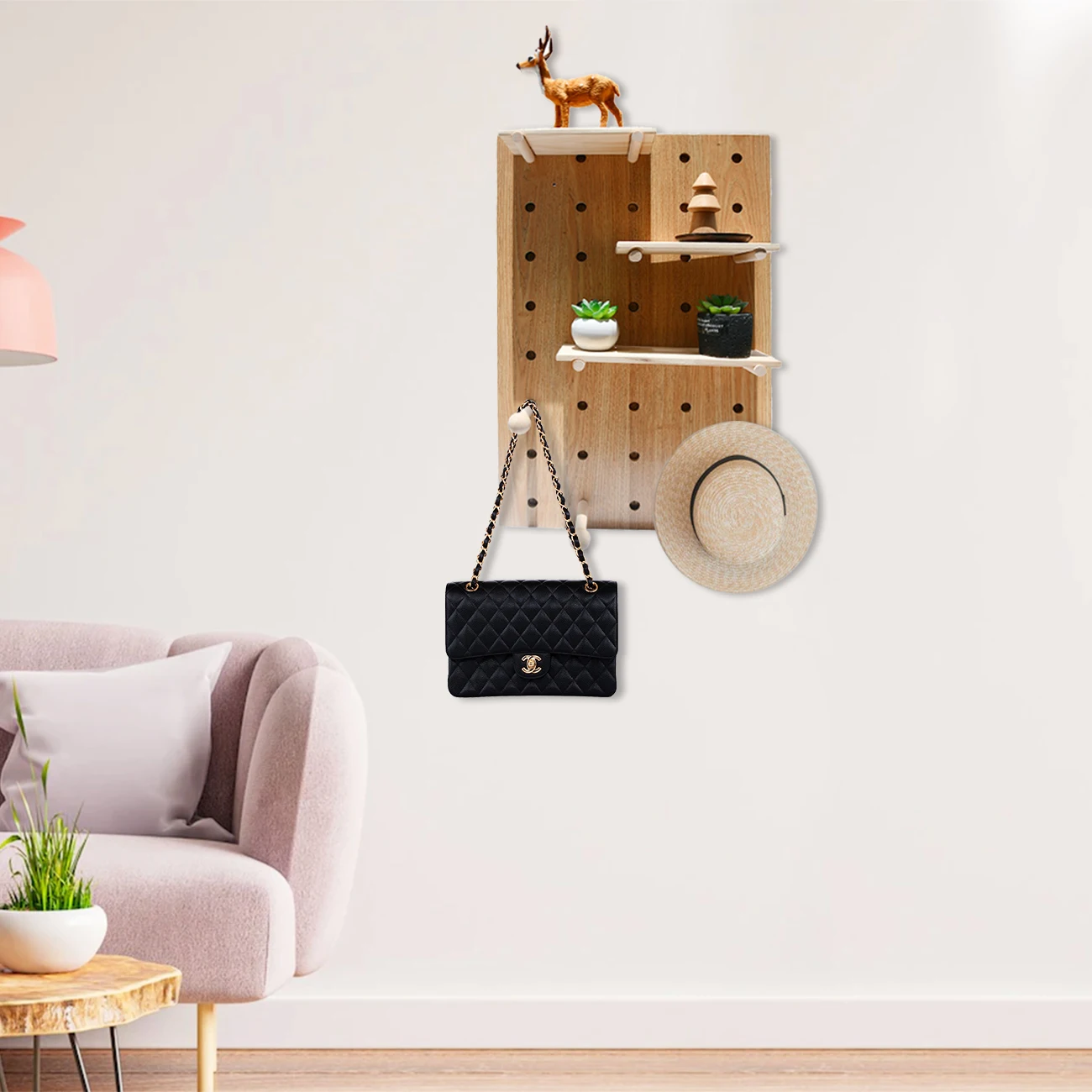 YOULKE Wood Panel Pegboard Modular Hanging Storage Organizer Coat Rack Shelf Wooden Floating Shelves for Wall