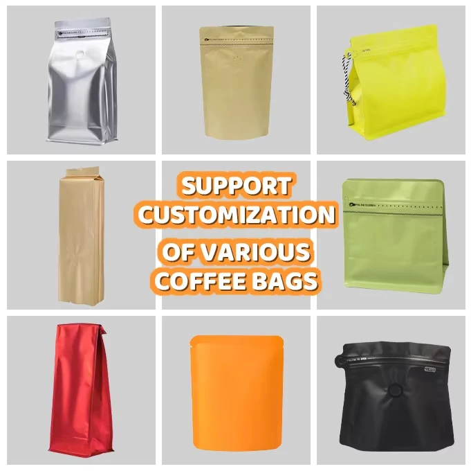 Custom Eight Side Sealing Flat Bottom Coffee Packaging Bags Heat Seal Food Grade 250G Sizes Aluminum Foil Customized Color