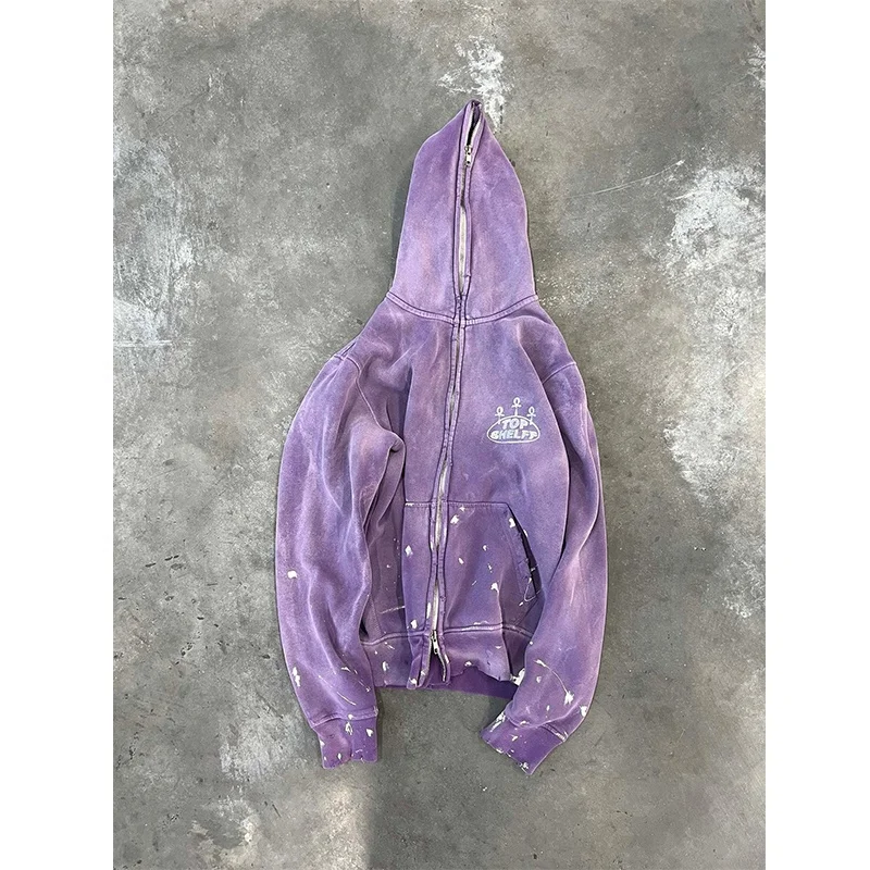 Wholesale Custom Men Women 100% Cotton Paint Splatter Streetwear Screen Printing Acid Wash Full Zip Sun Faded Oversized Autumn gallery 2