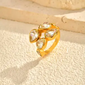 Vintage Style Dainty Designstainless Steel Jewelry Ring Waterdrop Shape Zircon Open Ring for Girls