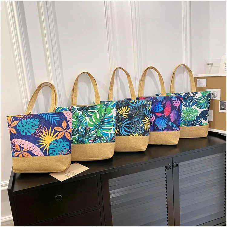 Linen Bottom Fruit Print Rope Handle Summer Tote Canvas Beach Hand Bag