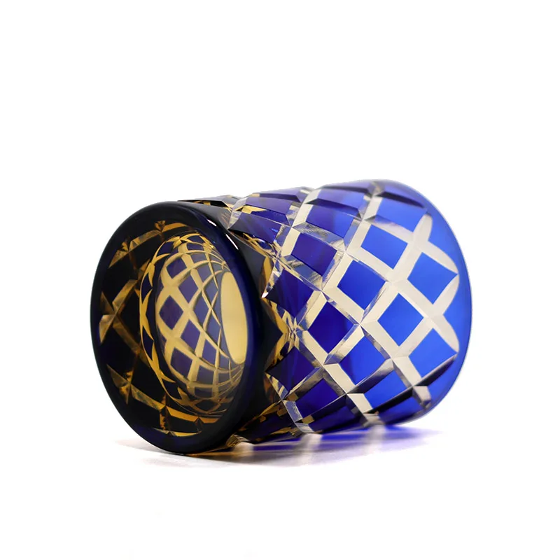 Elegant Hand Carved Colored Overlay Glass Handmade Edo Kiriko Glass Stemless Cup Round Bottom for Vodka, Whisky, Juice