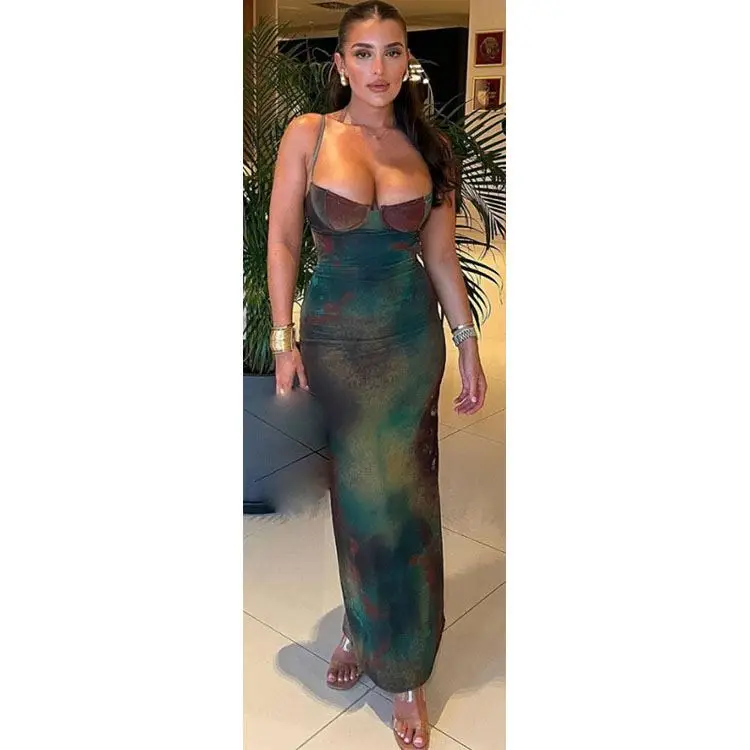 Women's Vintage Tie-Dye Print Maxi Dress Sexy Cleavage Shaper Elegant  Suspender Nightgown Female Party| Alibaba.com