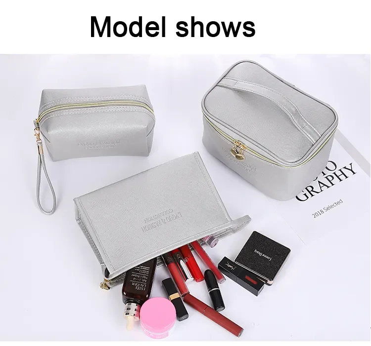 Large Women Cosmetic Bag Pu Waterproof Zipper Make Up Bag Travel
