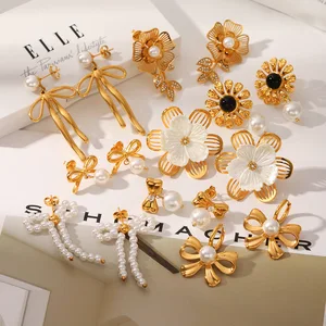 MW Wholesale Bulk Dangle Heart Waterproof Stainless Steel Gold Bow Pearl Drop Earrings Fashion Flower Stud Earrings Women