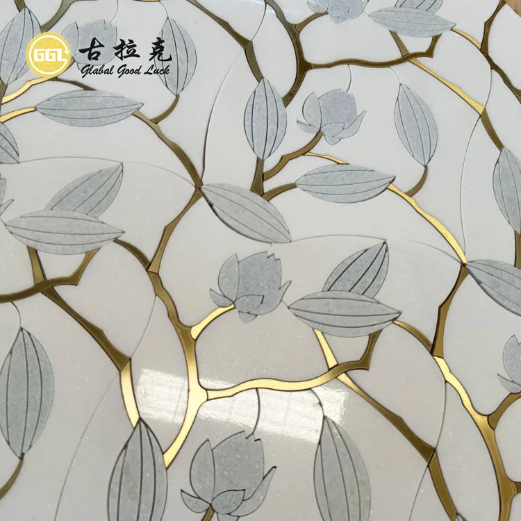 Polished  Flower Design Blue and White Marble Mix Brass Mosaic Waterjet Art Tiles