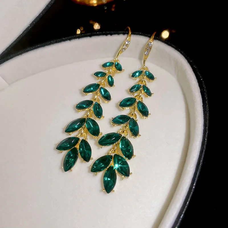 Fresh flash green leaf ear hook light luxury personality temperament earrings