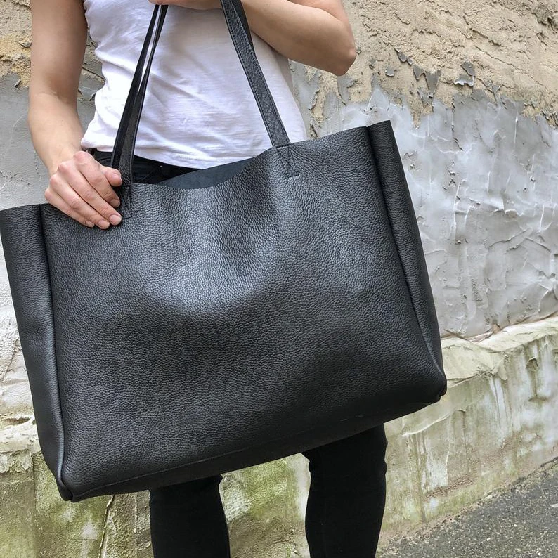 Large Pebble Black Leather Tote Bag for Women Large Black 