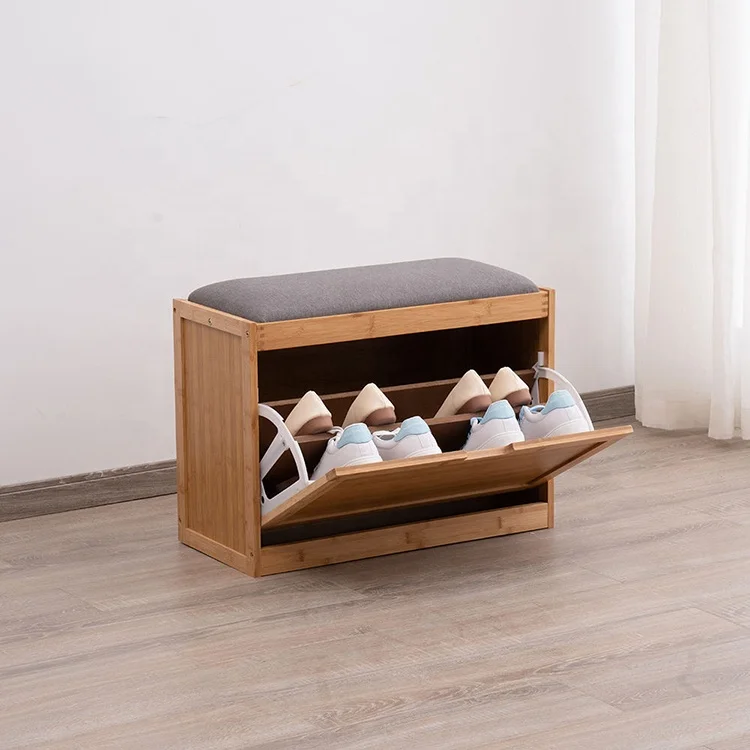 Bamboo Shoe Rack for Seat Wooden Shoes Bench Soft Cushion Flip Drawer -  China Bamboo Shoe Rack, Shoe Cabinet