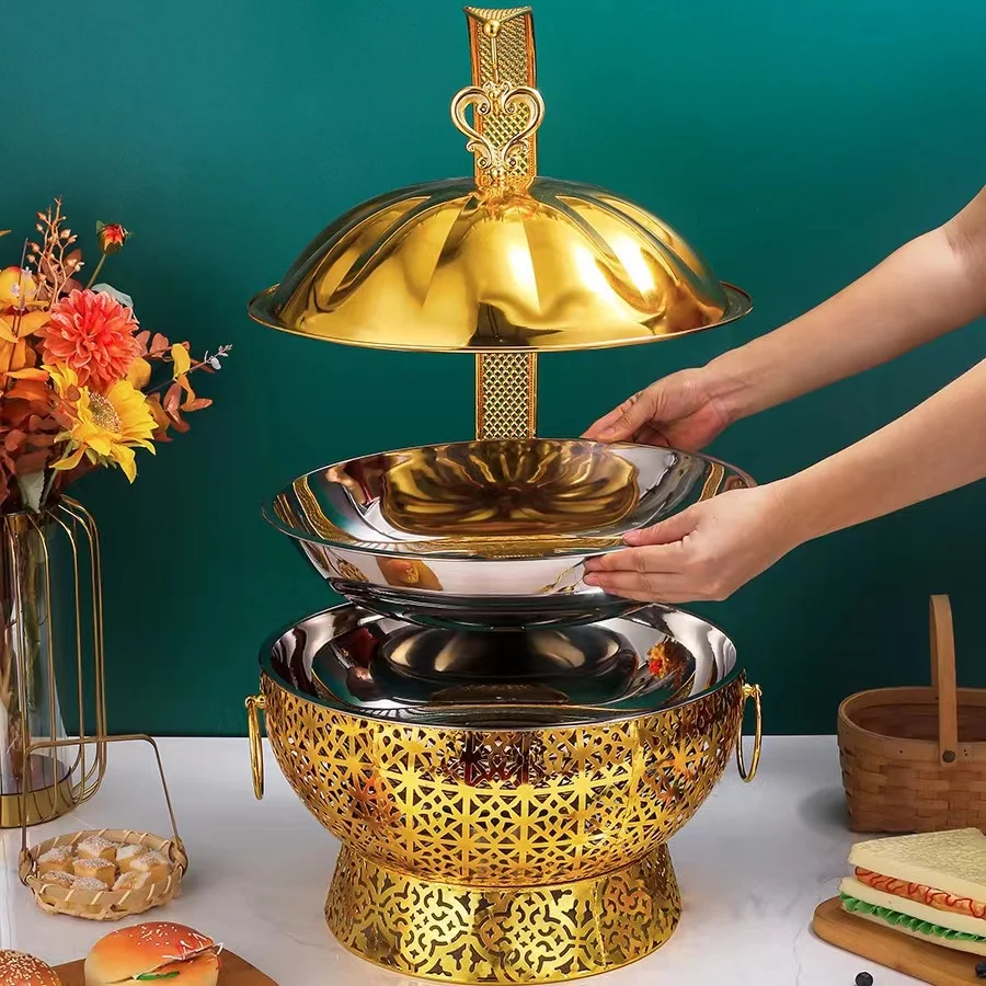 Baokang 2026 New Design Luxury Gold Food Warmer Buffet Catering Stainless Steel Hanging Chafing Dish 1 Year Warranty